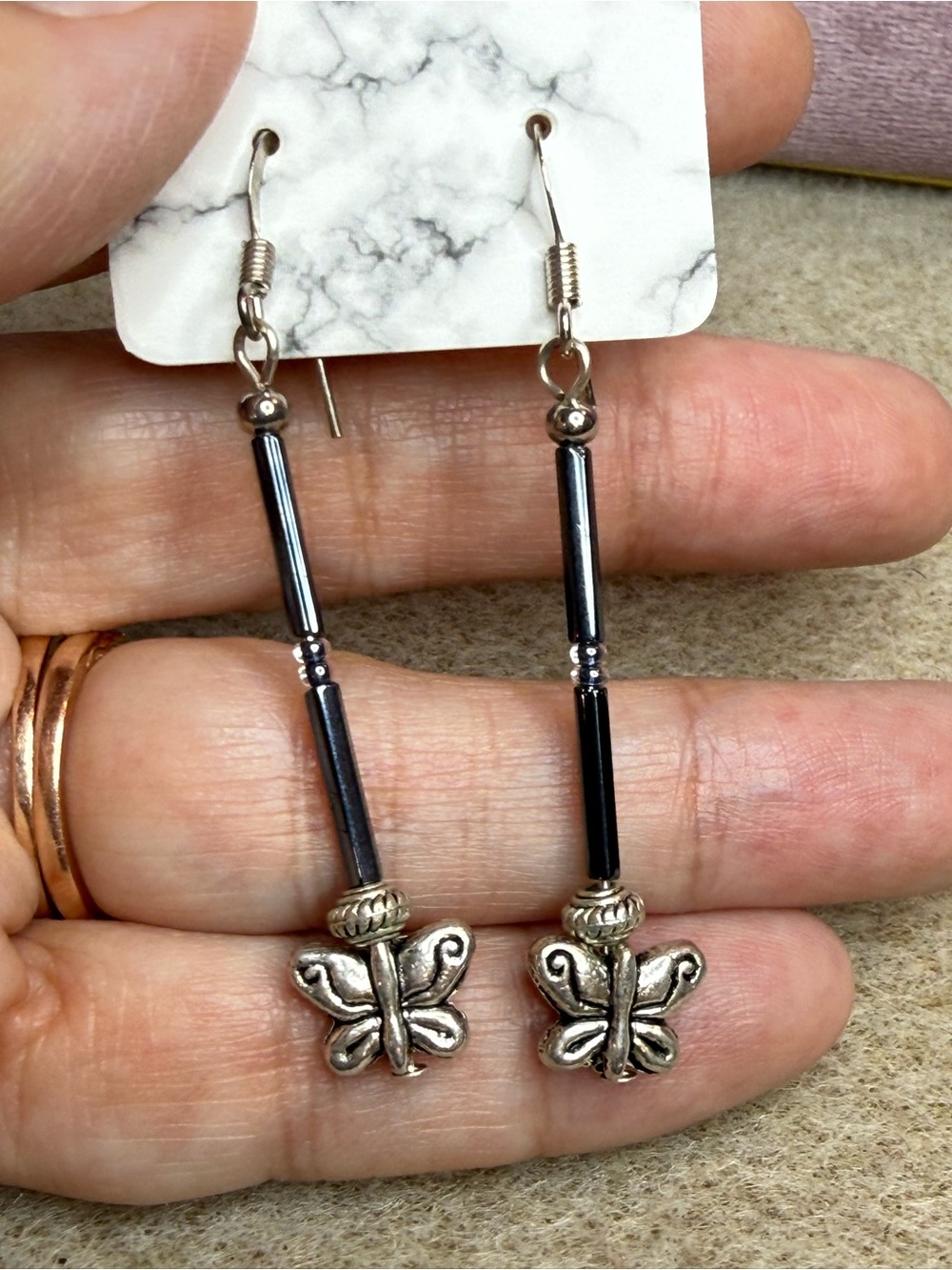 Hematite and Silver Butterfly Drop Earrings-  Handmade - Picture 2 of 3